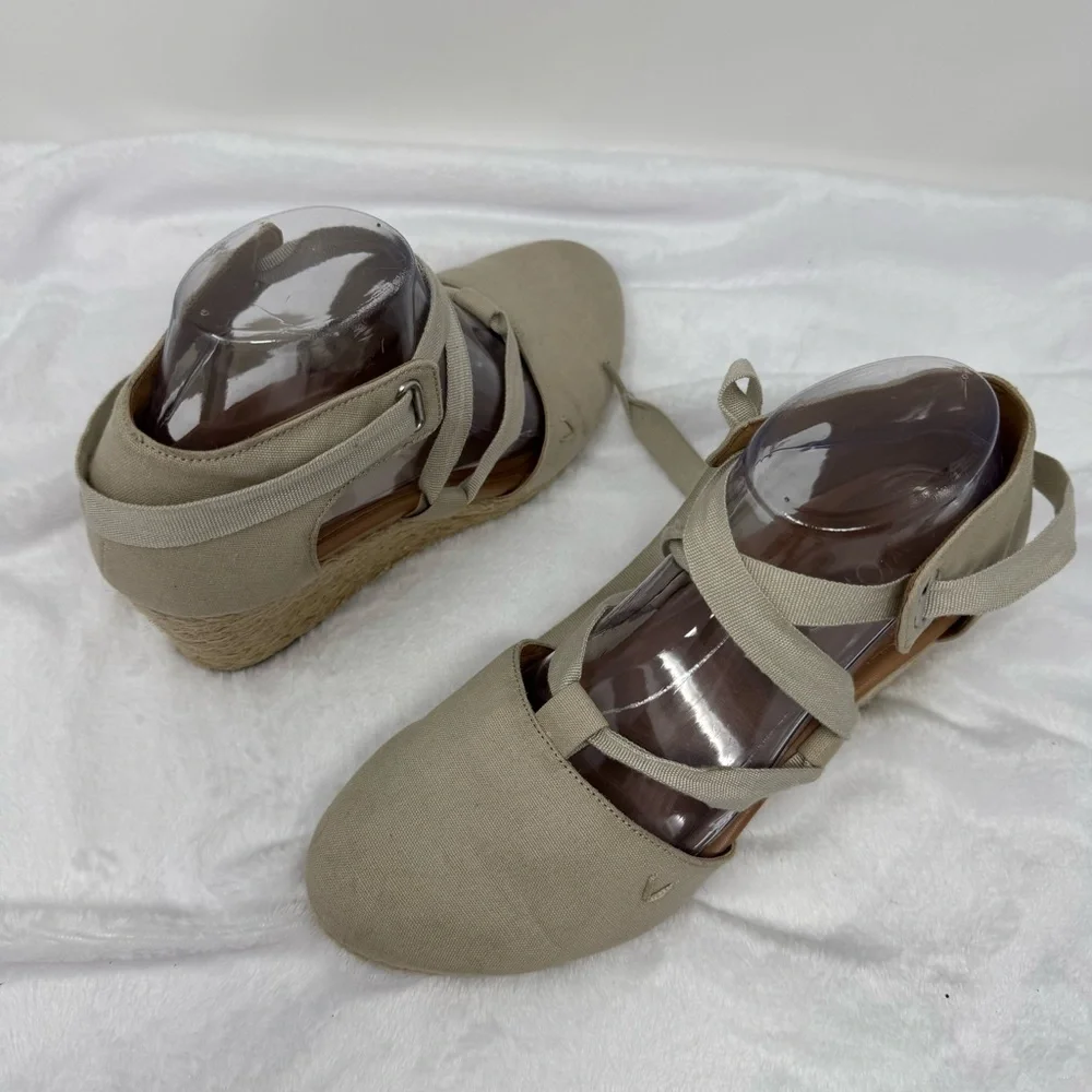 Vionic Kaitlyn Women's‎ Wedge Orthotic Sandal Oat Beige Canvas Size 8 Tie Strap